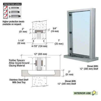 Custom Size - CRL Aluminum Ticket Window Exterior Glazed Exchange Window and Deal Tray - Surround Sound Voice System