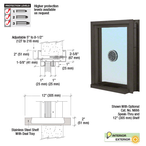 Custom Size - CRL Aluminum Ticket Window Exterior Glazed Exchange Window and Deal Tray